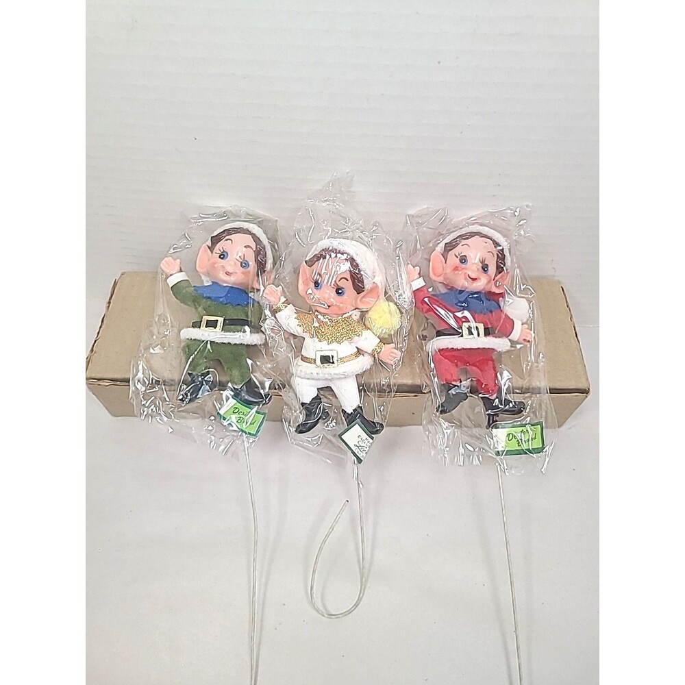 Set Of 3 Vtg 1960s Flocked Elf Christmas Dancing Pixie Japan New Original Box